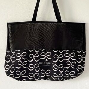 Kate Spade black and white ribbon shopping tote travel beach bows bag XL